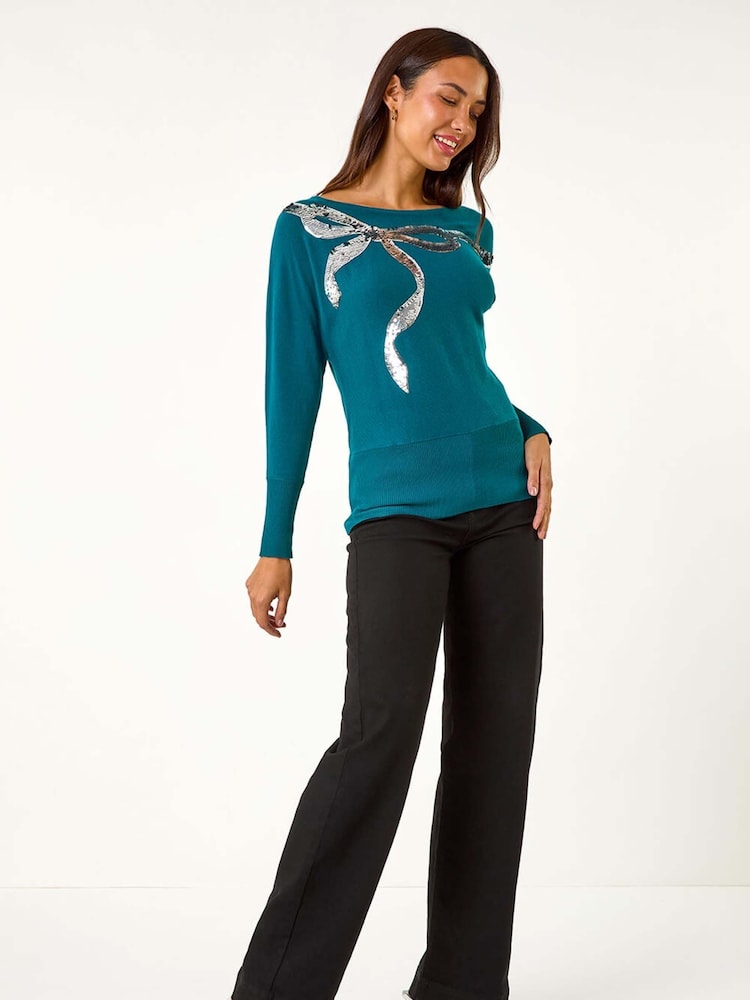 Roman Blue Sequin Bow Slash Neck Blouese - Image 1 of 6