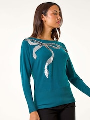Roman Blue Sequin Bow Slash Neck Blouese - Image 3 of 6