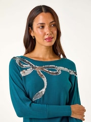 Roman Blue Sequin Bow Slash Neck Blouese - Image 5 of 6