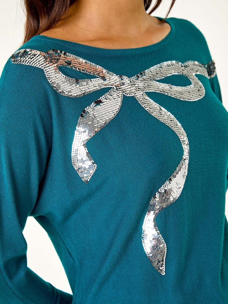 Roman Blue Sequin Bow Slash Neck Blouese - Image 6 of 6