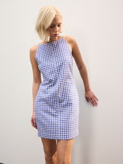 Light Blue Gingham Mini Sleeveless Racer Stretch Linen Blend Dress - Image 1 of 7