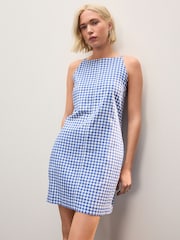 Light Blue Gingham Mini Sleeveless Racer Stretch Linen Blend Dress - Image 2 of 7