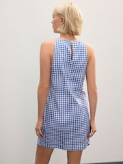 Light Blue Gingham Mini Sleeveless Racer Stretch Linen Blend Dress - Image 3 of 7