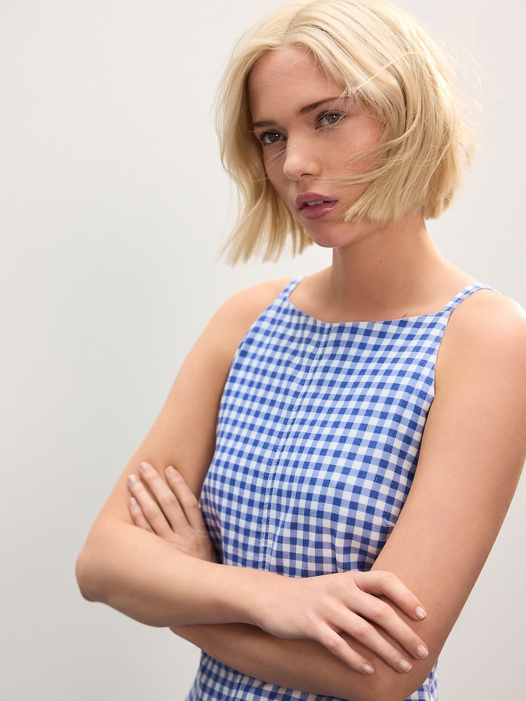 Light Blue Gingham Mini Sleeveless Racer Stretch Linen Blend Dress - Image 4 of 7