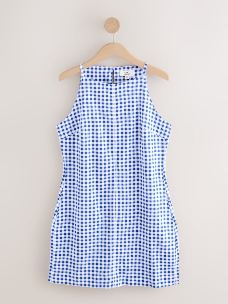 Light Blue Gingham Mini Sleeveless Racer Stretch Linen Blend Dress - Image 5 of 7