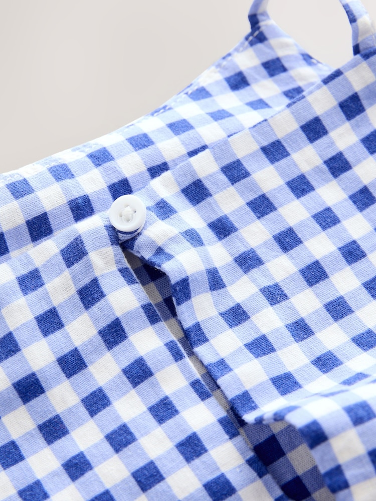 Light Blue Gingham Mini Sleeveless Racer Stretch Linen Blend Dress - Image 6 of 7