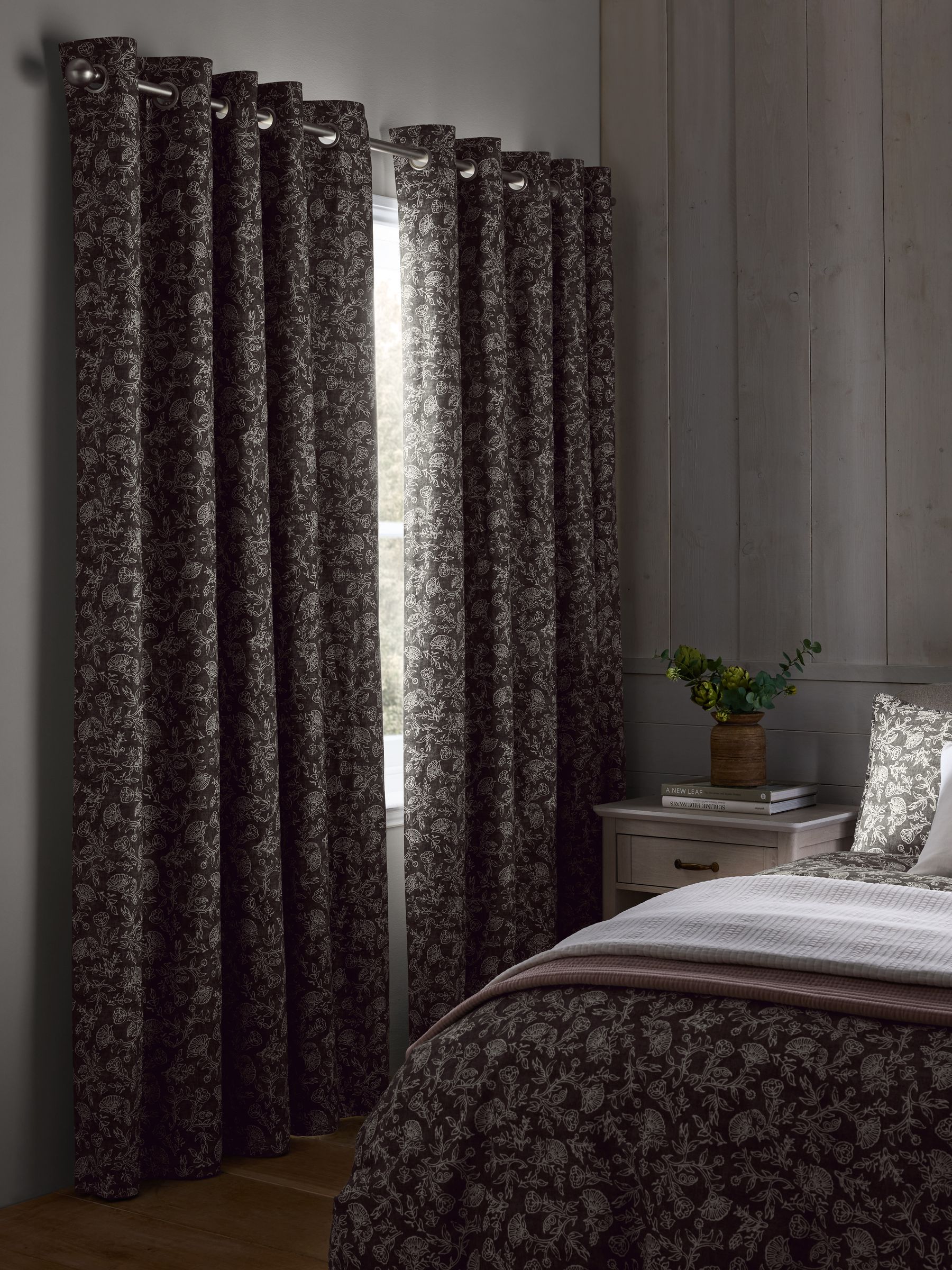 Buy Black/White Cotton Woodblock Blackout/Thermal Eyelet Curtains from ...