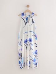 Blue on White Floral Halterneck Maxi Dress With Linen - Image 1 of 3