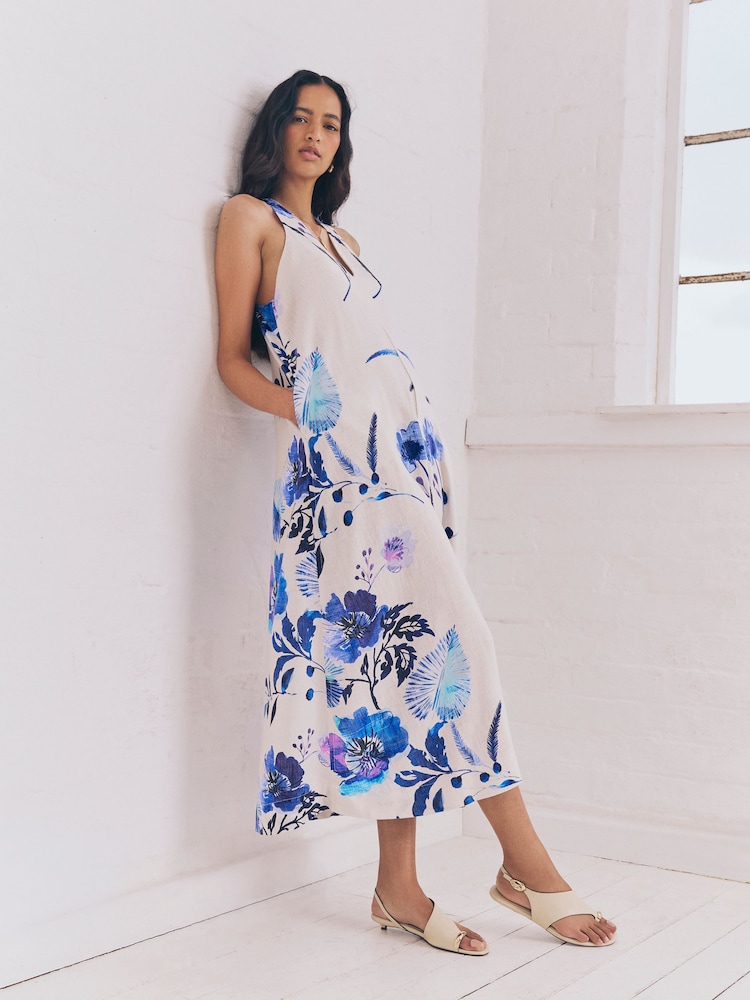 Blue on White Floral Halterneck Maxi Dress With Linen - Image 1 of 3