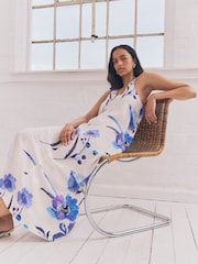Blue on White Floral Halterneck Maxi Dress With Linen - Image 2 of 3