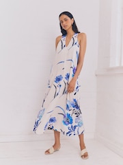 Blue on White Floral Halterneck Maxi Dress With Linen - Image 3 of 3