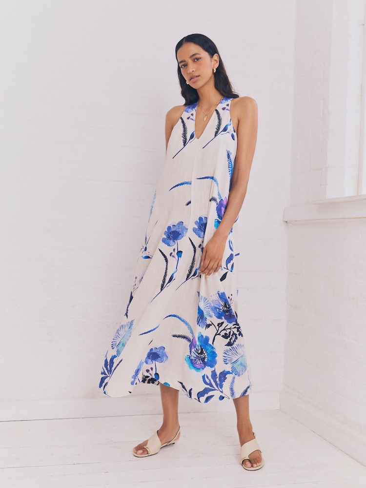 Blue on White Floral Halterneck Maxi Dress With Linen - Image 3 of 3