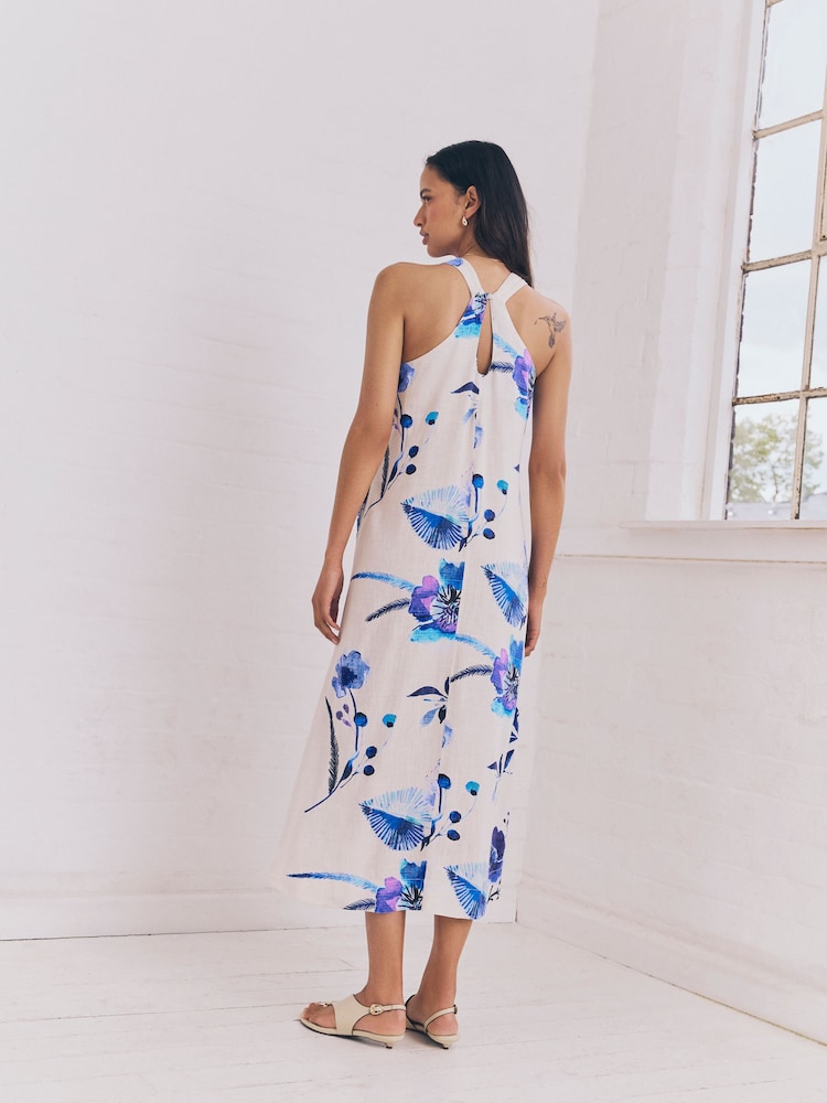 Blue on White Floral Halterneck Maxi Dress With Linen - Image 4 of 6