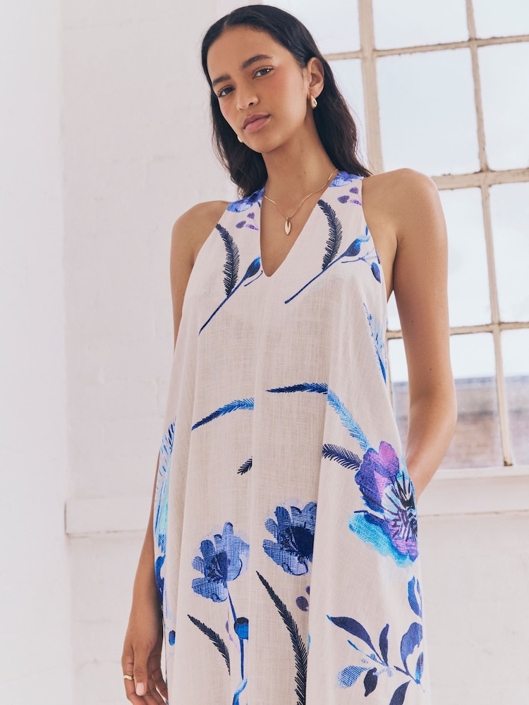 Blue on White Floral Halterneck Maxi Dress With Linen - Image 5 of 6