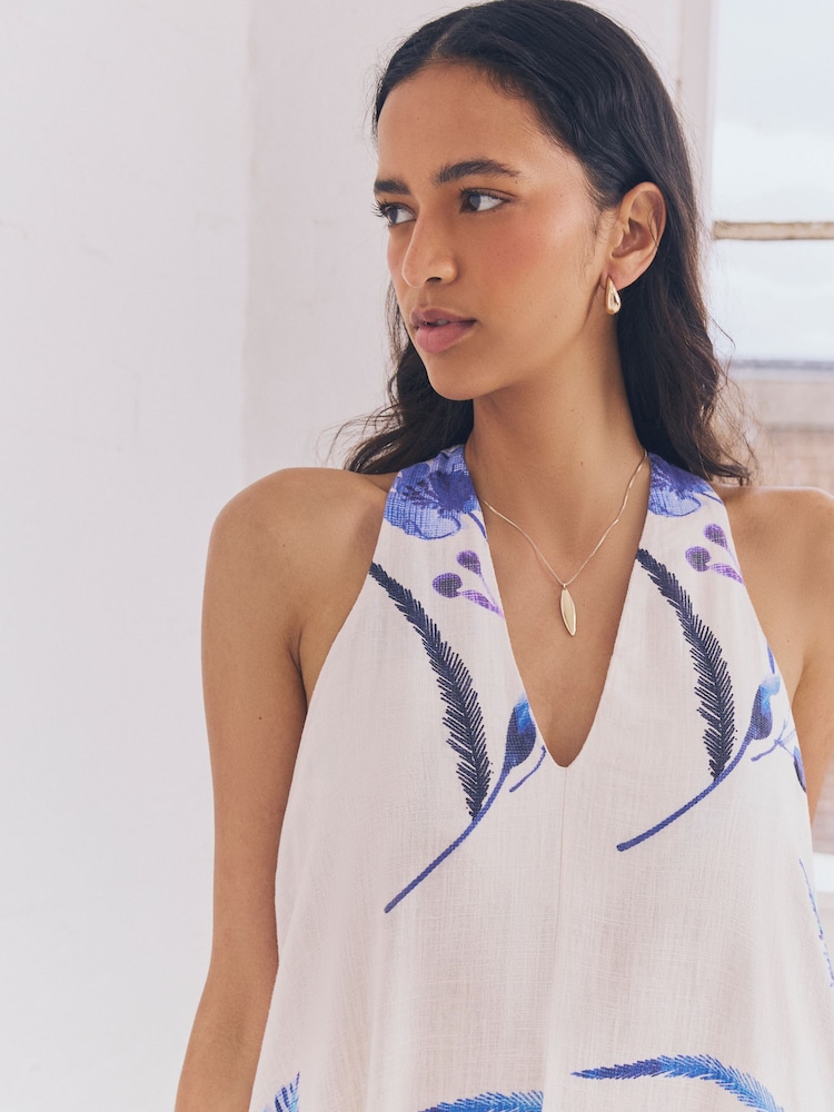 Blue on White Floral Halterneck Maxi Dress With Linen - Image 6 of 6