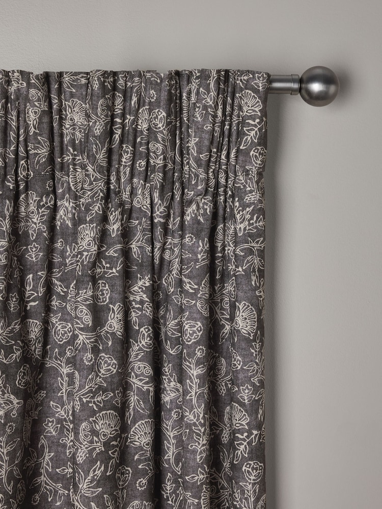 Black/White Cotton Woodblock Blackout/Thermal Pencil Pleat Curtains - Image 1 of 7 Black/White Cotton Woodblock Blackout/Thermal Pencil Pleat Curtains - Image 1 of 7