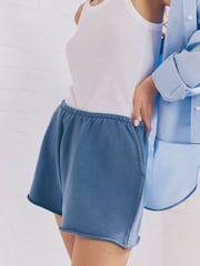 Indigo Blue Raw Hem Detail Washed 100% Cotton Jersey Shorts - Image 5 of 9