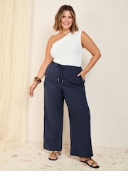 Friends Like These Navy Curve Wide Leg Linen Blend Trousers - Image 1 of 4