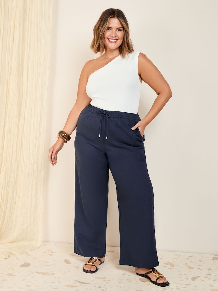 Friends Like These Navy Curve Wide Leg Linen Blend Trousers - Image 1 of 4