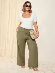 Friends Like These Khaki Green Curve Wide Leg Linen Blend Trousers - Image 1 of 4