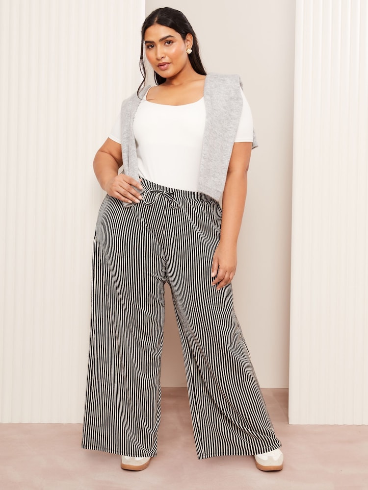 Friends Like These Black Stripe Curve Crinkle Jersey Wide Leg Trousers - Image 1 of 4