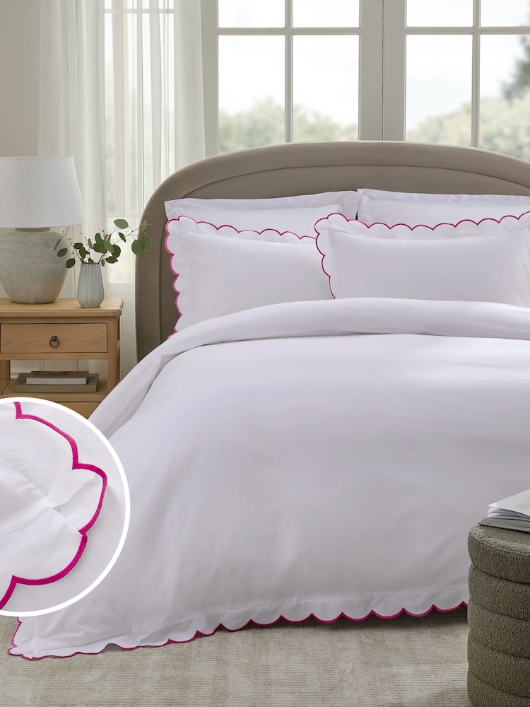 White and Pink 200 Thread Count Scallop Duvet Cover and Pillowcase Set - Image 1 of 4 White and Pink 200 Thread Count Scallop Duvet Cover and Pillowcase Set - Image 1 of 4