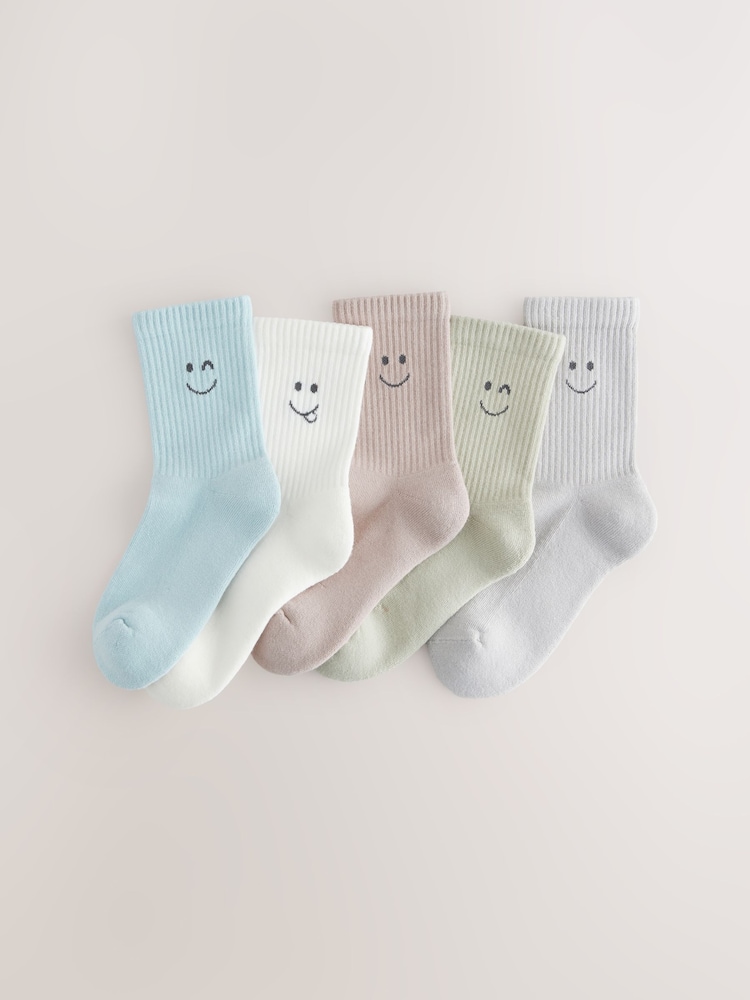 Muted Blue/Sage/Tan Happy Ribbed Socks 5 Pack - Image 1 of 3 Muted Blue/Sage/Tan Happy Ribbed Socks 5 Pack - Image 1 of 3