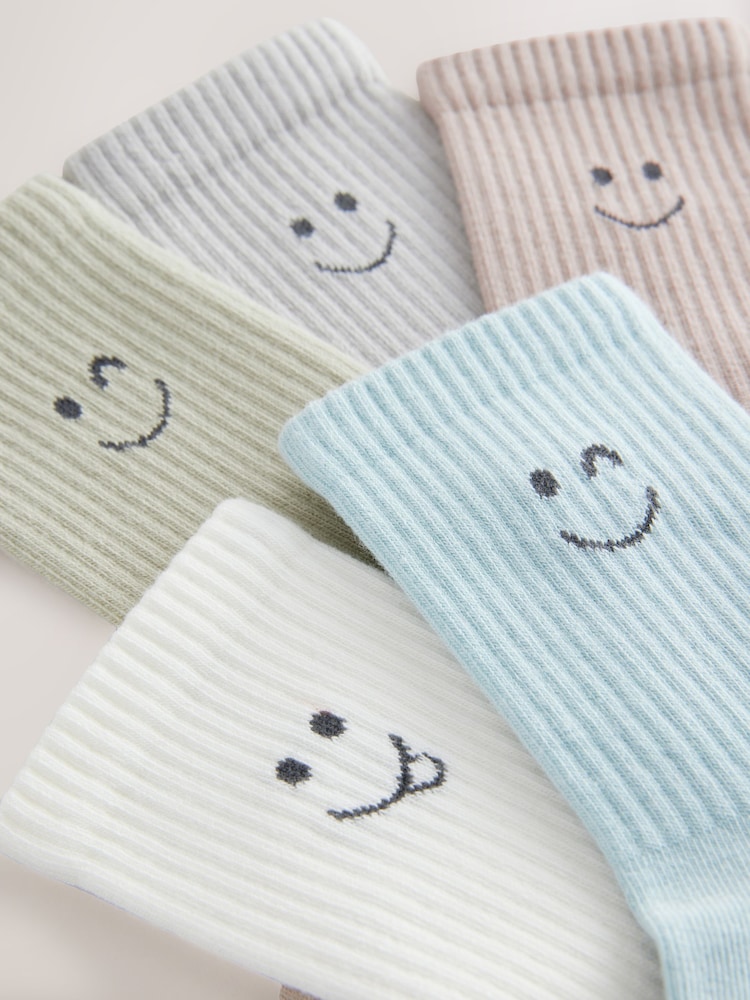 Muted Blue/Sage/Tan Happy Ribbed Socks 5 Pack - Image 2 of 3 Muted Blue/Sage/Tan Happy Ribbed Socks 5 Pack - Image 2 of 3