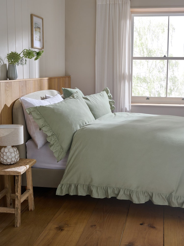 Sage Green Brushed Frill Edge Supersoft Duvet Cover and Pillowcase Set - Image 1 of 5 Sage Green Brushed Frill Edge Supersoft Duvet Cover and Pillowcase Set - Image 1 of 5