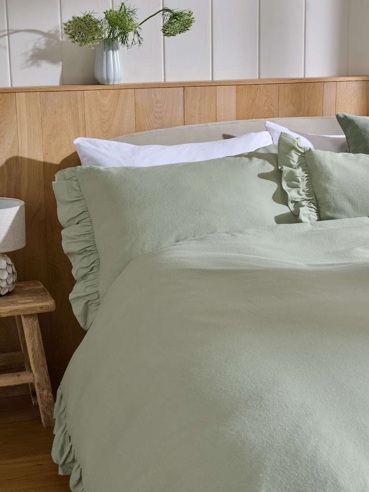 Sage Green Brushed Frill Edge Supersoft Duvet Cover and Pillowcase Set - Image 2 of 5 Sage Green Brushed Frill Edge Supersoft Duvet Cover and Pillowcase Set - Image 2 of 5