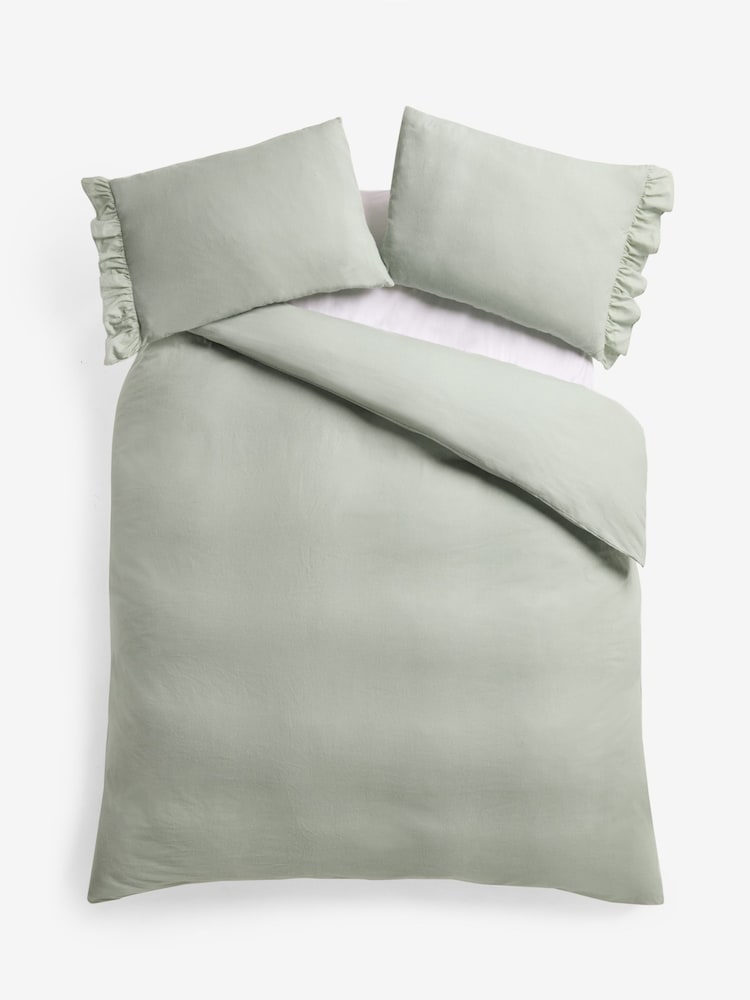 Sage Green Brushed Frill Edge Supersoft Duvet Cover and Pillowcase Set - Image 5 of 5 Sage Green Brushed Frill Edge Supersoft Duvet Cover and Pillowcase Set - Image 5 of 5