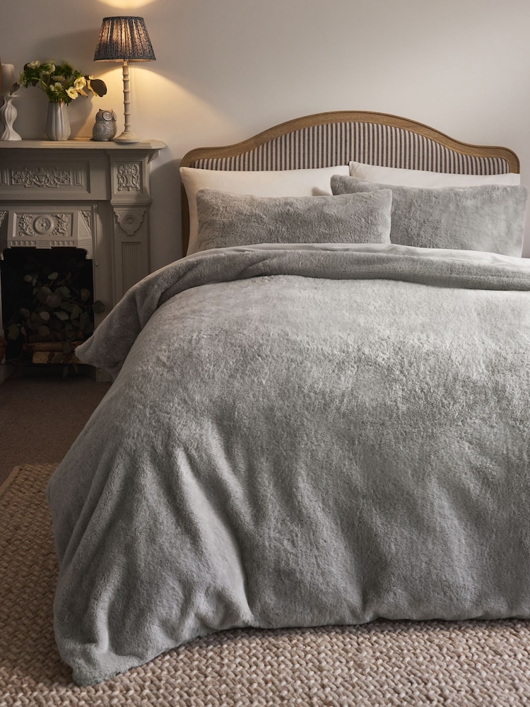 Silver Plush Faux Fur Duvet Cover and Pillowcase Set - Image 1 of 5 Silver Plush Faux Fur Duvet Cover and Pillowcase Set - Image 1 of 5