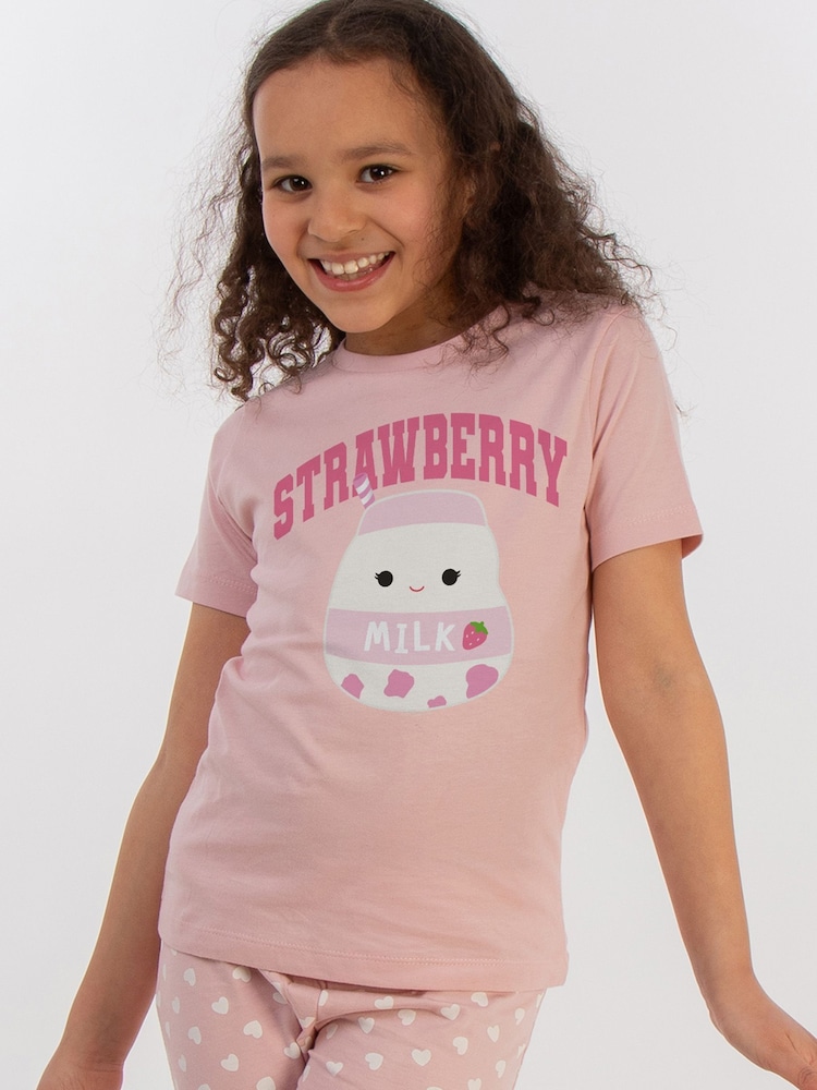 Brands In Pink Girls Squishmallows Strawberry Milk Hearts 100% Cotton Pyjamas - Image 1 of 4