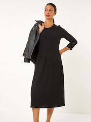 Roman Black Textured A-Line Stretch Midi Dress - Image 1 of 5