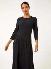 Roman Black Textured A-Line Stretch Midi Dress - Image 2 of 5