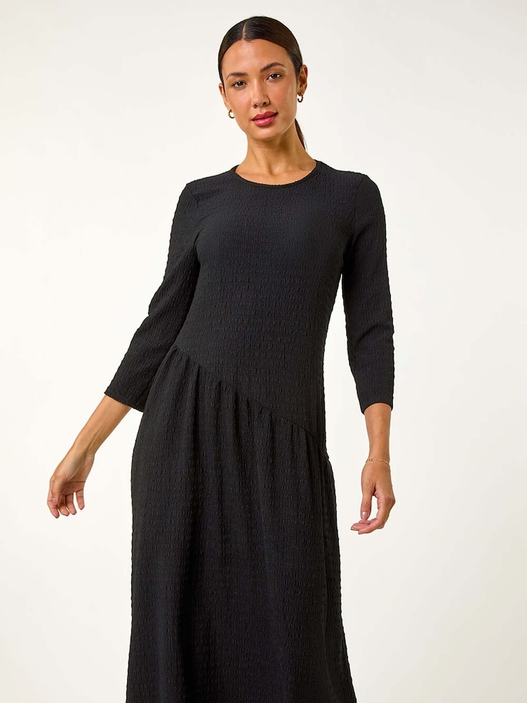 Roman Black Textured A-Line Stretch Midi Dress - Image 2 of 5 Roman Black Textured A-Line Stretch Midi Dress - Image 2 of 5