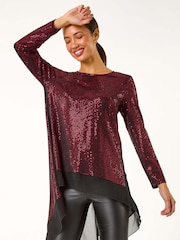 Roman Red Chiffon Hem Sequin Stretch Tunic Top - Image 1 of 6