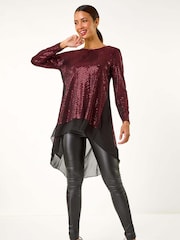 Roman Red Chiffon Hem Sequin Stretch Tunic Top - Image 3 of 6