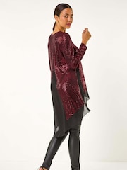 Roman Red Chiffon Hem Sequin Stretch Tunic Top - Image 4 of 6