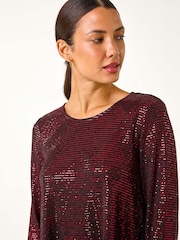 Roman Red Chiffon Hem Sequin Stretch Tunic Top - Image 5 of 6