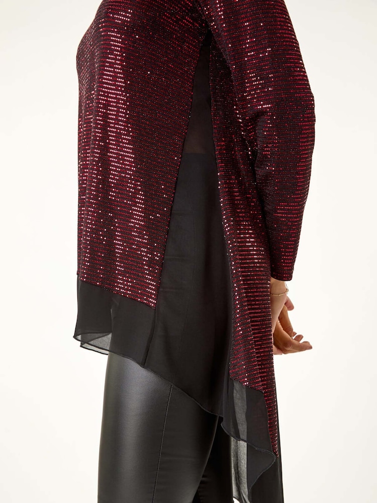 Roman Red Chiffon Hem Sequin Stretch Tunic Top - Image 6 of 6