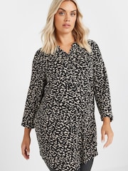 Yours Curve Black & Natural Brown Animal Print Button Shirt - Image 1 of 5