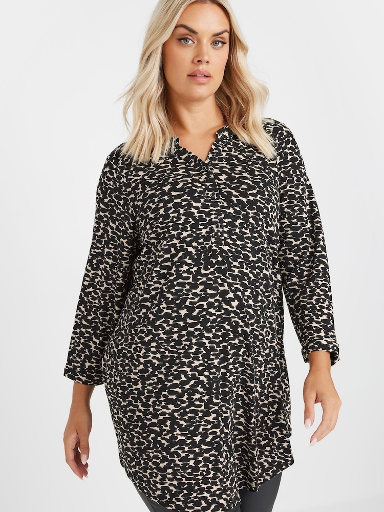 Yours Curve Black & Natural Brown Animal Print Button Shirt - Image 1 of 5