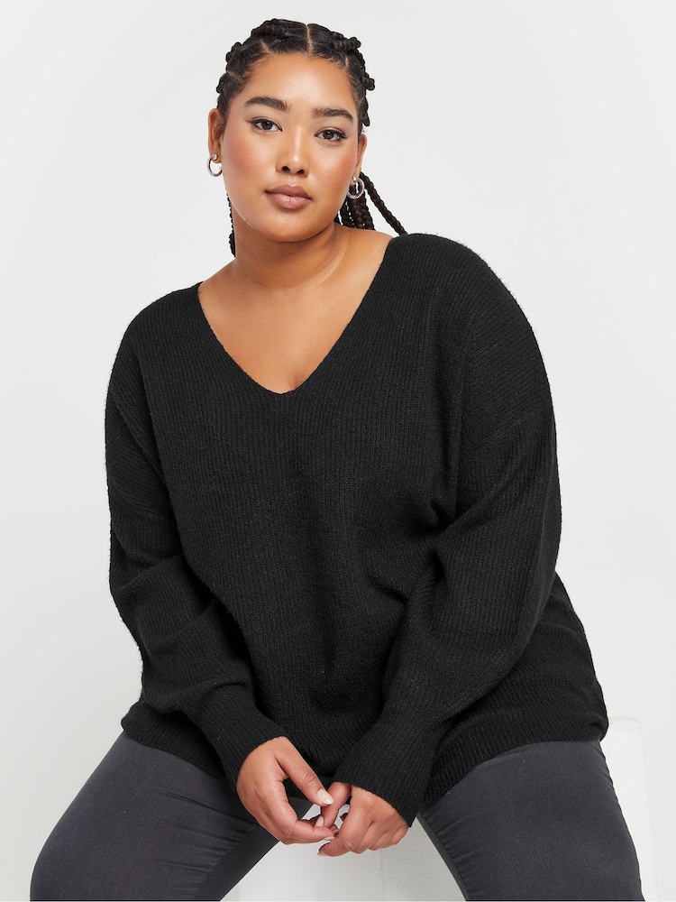 Yours Curve Black V-Neck Balloon Sleeve Jumper - Image 1 of 5