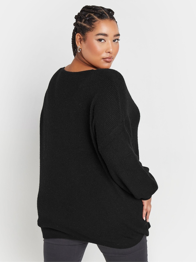 Yours Curve Black V-Neck Balloon Sleeve Jumper - Image 2 of 5