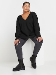 Yours Curve Black V-Neck Balloon Sleeve Jumper - Image 3 of 5