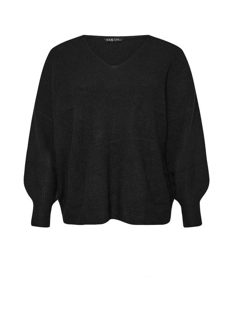 Yours Curve Black V-Neck Balloon Sleeve Jumper - Image 5 of 5