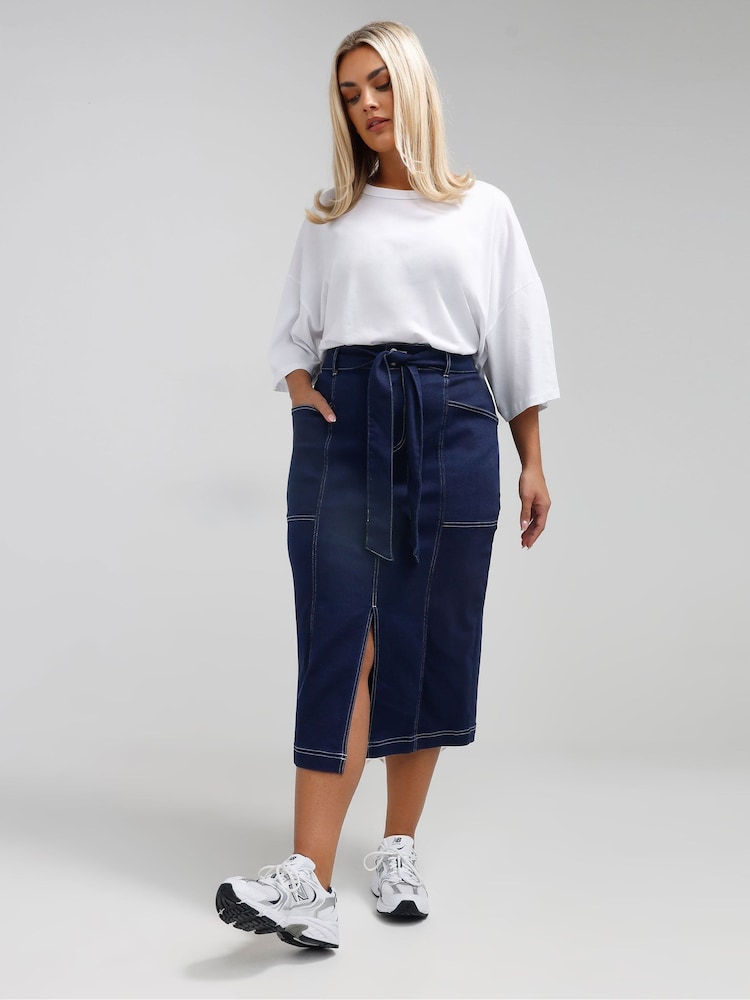 Yours Curve Blue Limited Retro Constrast Skirt - Image 2 of 5