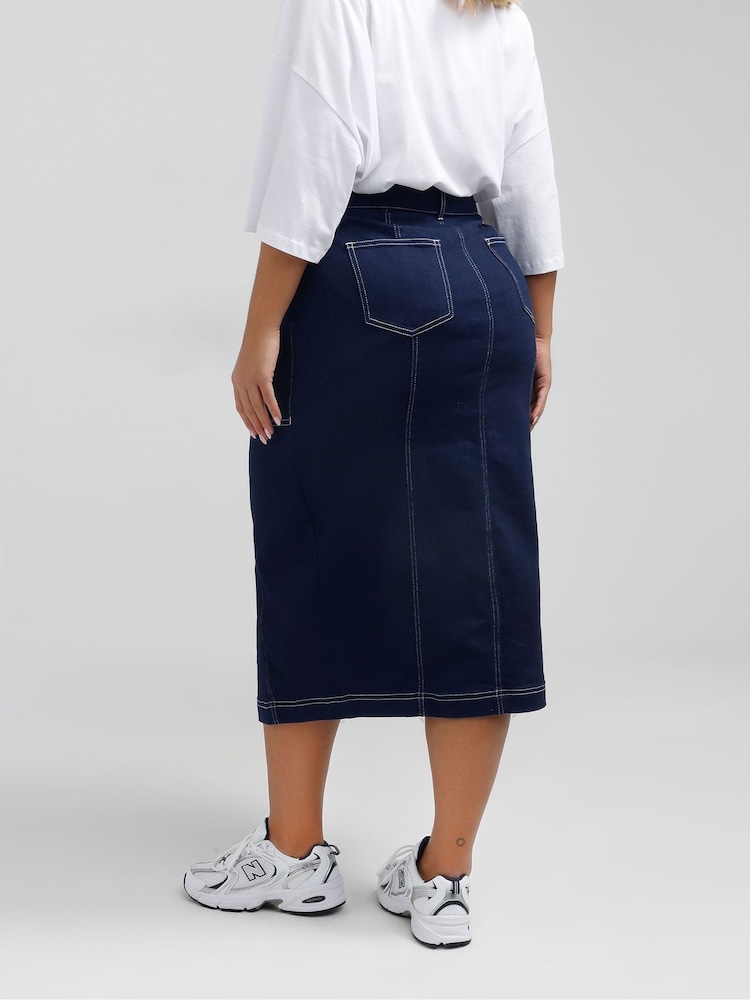 Yours Curve Blue Limited Retro Constrast Skirt - Image 4 of 5