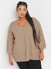 Yours Curve Natural V-Neck Balloon Sleeve Jumper - Image 1 of 5